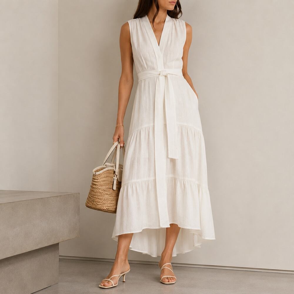Kobi Halperin Anna Dress Womens M White Ruffle Sleeveless Belted High/low Midi